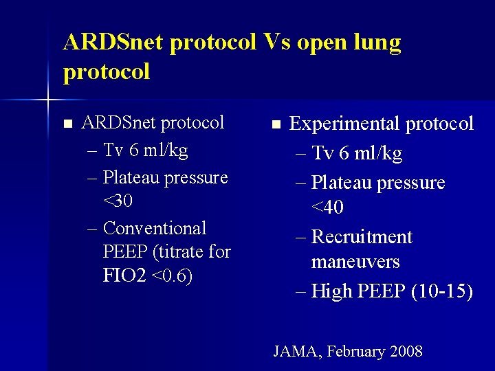 ARDSnet protocol Vs open lung protocol n ARDSnet protocol – Tv 6 ml/kg –