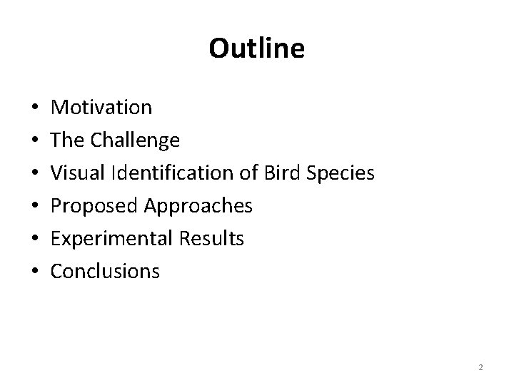 Outline • • • Motivation The Challenge Visual Identification of Bird Species Proposed Approaches