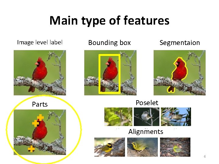 Main type of features Image level label Parts Bounding box Segmentaion Poselet Alignments 6