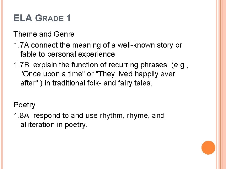 ELA GRADE 1 Theme and Genre 1. 7 A connect the meaning of a
