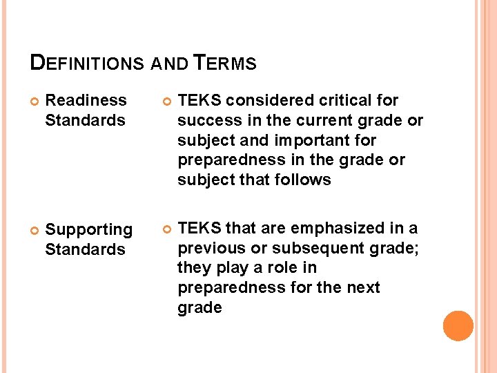 DEFINITIONS AND TERMS Readiness Standards TEKS considered critical for success in the current grade