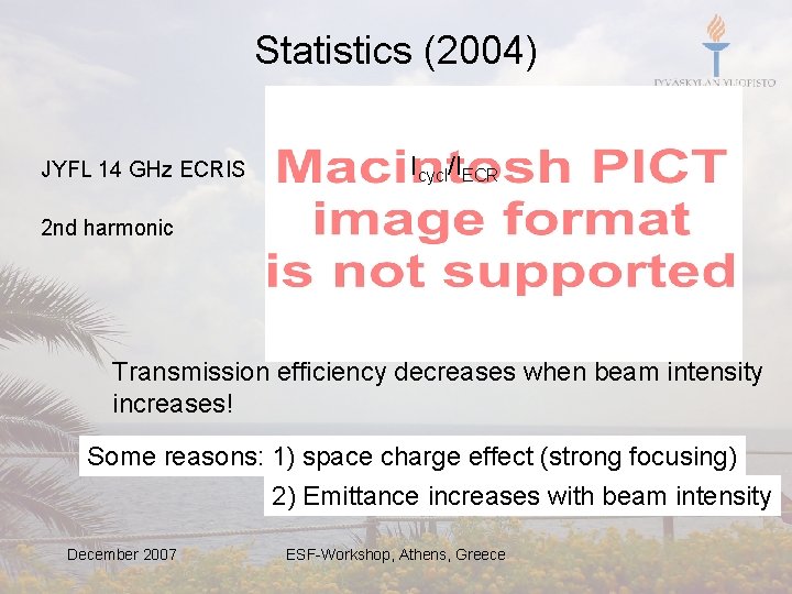 Statistics (2004) JYFL 14 GHz ECRIS Icycl/IECR 2 nd harmonic Transmission efficiency decreases when