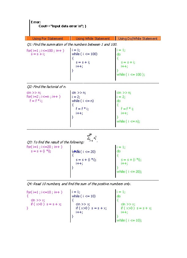 Error: Cout<<”input data error n”; } Using For Statement Using While Statement Using Do/While