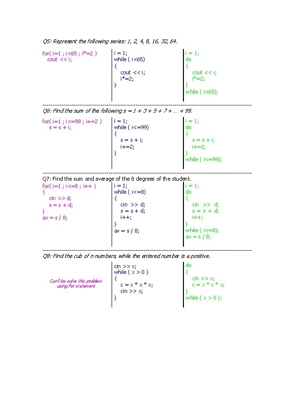 Q 5: Represent the following series: 1, 2, 4, 8, 16, 32, 64. for(