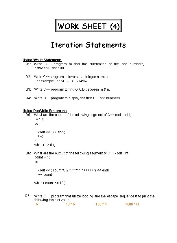 WORK SHEET (4) Iteration Statements Using While Statement: Q 1: Write C++ program to