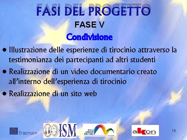 FASI DEL PROGETTO FASE V Condivisione • Illustrazione delle esperienze di tirocinio attraverso la