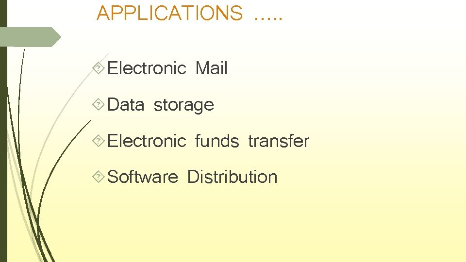 APPLICATIONS …. . Electronic Mail Data storage Electronic funds transfer Software Distribution 