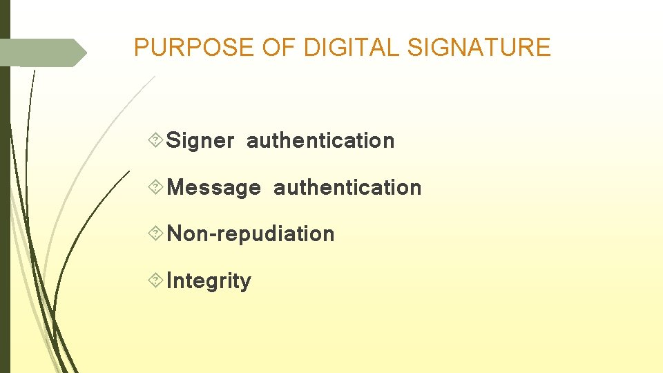 PURPOSE OF DIGITAL SIGNATURE Signer authentication Message authentication Non-repudiation Integrity 