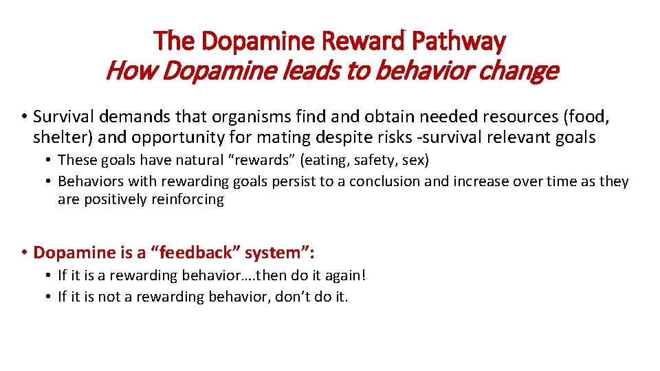 The Dopamine Reward Pathway How Dopamine leads to behavior change • Survival demands that