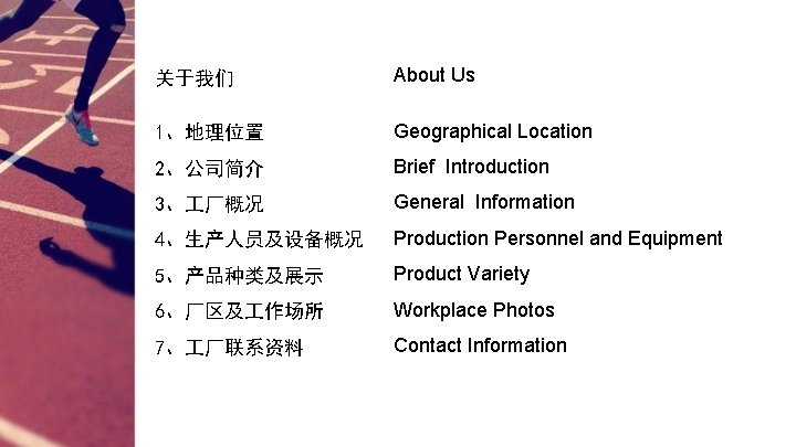 关于我们 About Us 1、地理位置 Geographical Location 2、公司简介 Brief Introduction 3、 厂概况 General Information 4、生产人员及设备概况