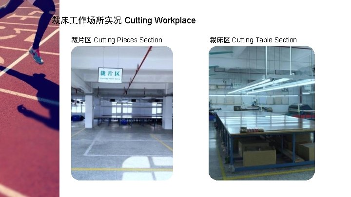 裁床 作场所实况 Cutting Workplace 裁片区 Cutting Pieces Section 裁床区 Cutting Table Section 