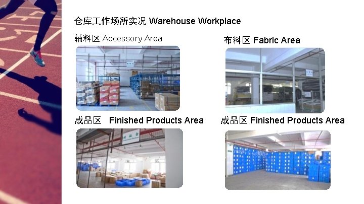 仓库 作场所实况 Warehouse Workplace 辅料区 Accessory Area 成品区 Finished Products Area 布料区 Fabric Area