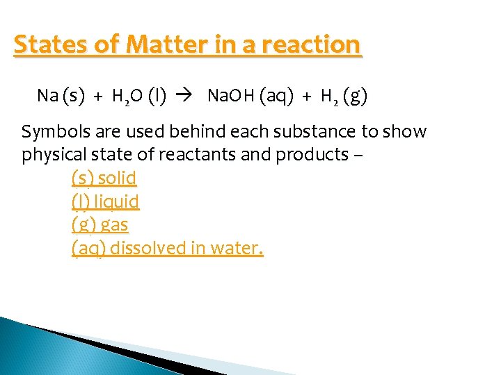 States of Matter in a reaction Na (s) + H 2 O (l) Na.