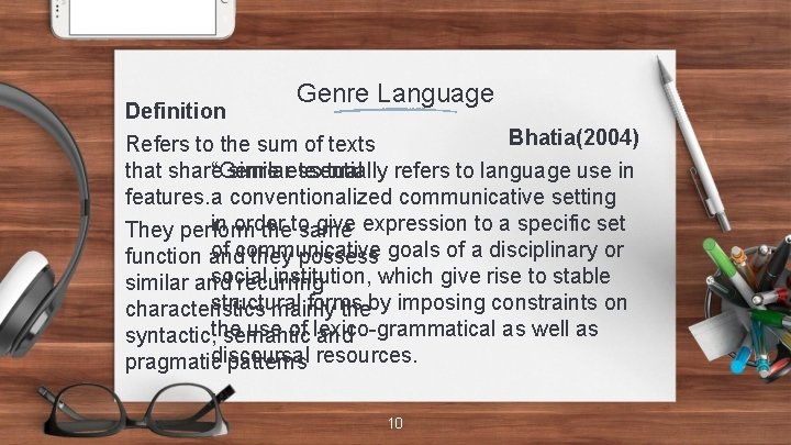 Genre Language Definition Bhatia(2004) Refers to the sum of texts “Genre essentially refers to