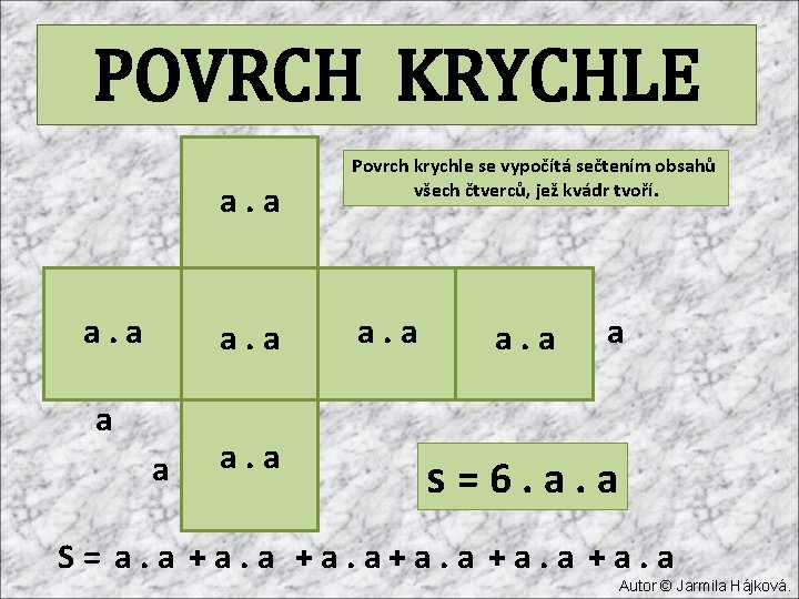 POVRCH KRYCHLE a. a a. a Povrch krychle se vypočítá sečtením obsahů všech čtverců,