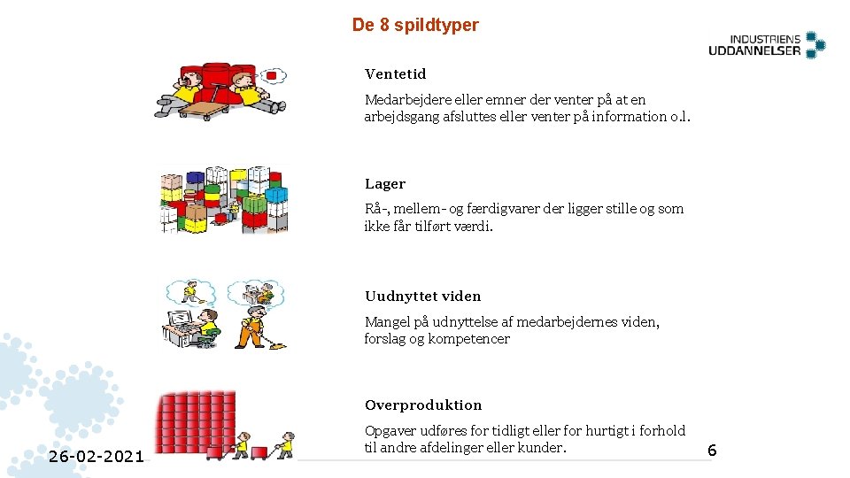 De 8 spildtyper Ventetid Medarbejdere eller emner der venter på at en arbejdsgang afsluttes De 8 spildtyper Ventetid Medarbejdere eller emner der venter på at en arbejdsgang afsluttes