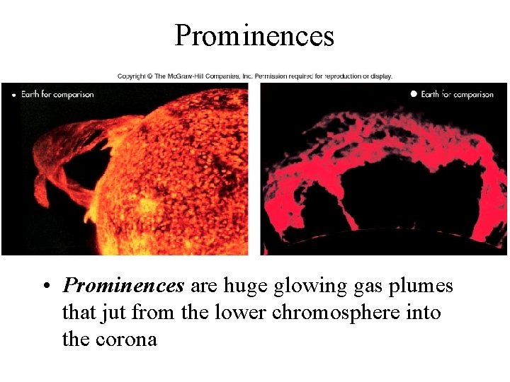 Prominences • Prominences are huge glowing gas plumes that jut from the lower chromosphere