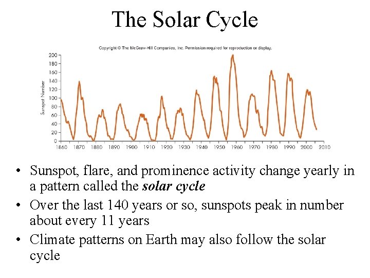 The Solar Cycle • Sunspot, flare, and prominence activity change yearly in a pattern