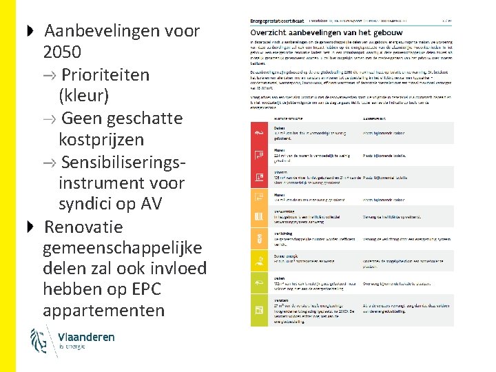 Aanbevelingen voor 2050 Prioriteiten (kleur) Geen geschatte kostprijzen Sensibiliseringsinstrument voor syndici op AV Renovatie Aanbevelingen voor 2050 Prioriteiten (kleur) Geen geschatte kostprijzen Sensibiliseringsinstrument voor syndici op AV Renovatie