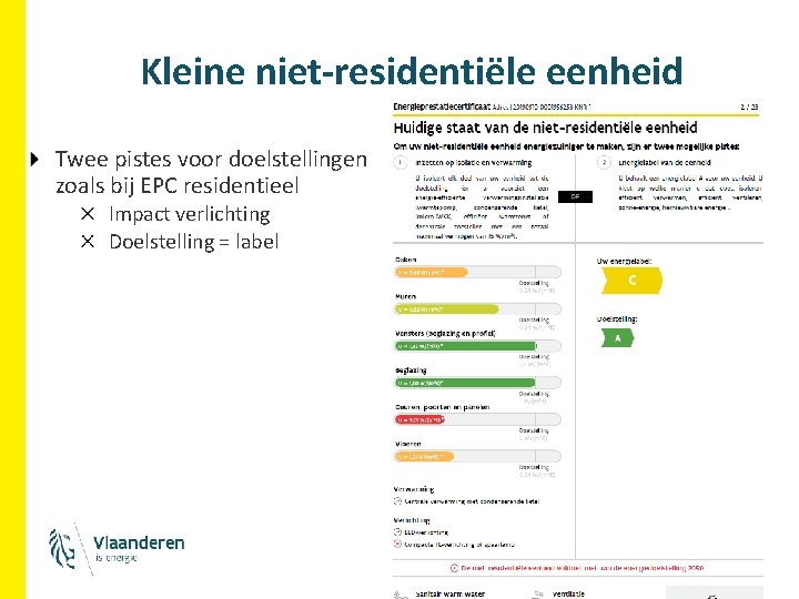 Kleine niet-residentiële eenheid Twee pistes voor doelstellingen zoals bij EPC residentieel Impact verlichting Doelstelling Kleine niet-residentiële eenheid Twee pistes voor doelstellingen zoals bij EPC residentieel Impact verlichting Doelstelling