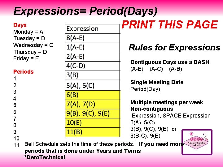 Expressions= Period(Days) Days PRINT THIS PAGE Monday = A Tuesday = B Wednesday =