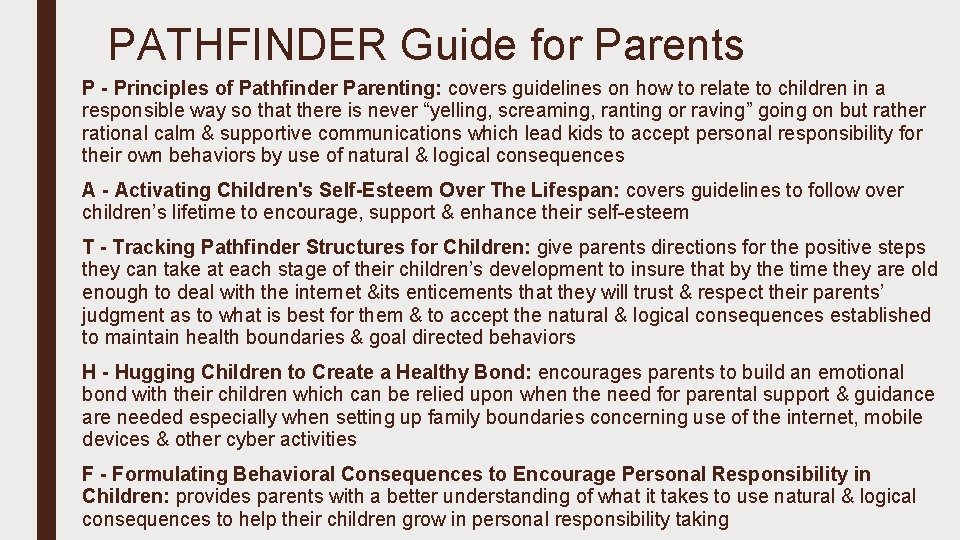 PATHFINDER Guide for Parents P - Principles of Pathfinder Parenting: covers guidelines on how