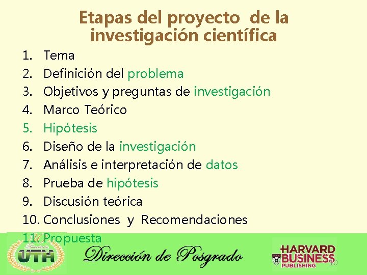 Etapas del proyecto de la investigación científica 1. Tema 2. Definición del problema 3.