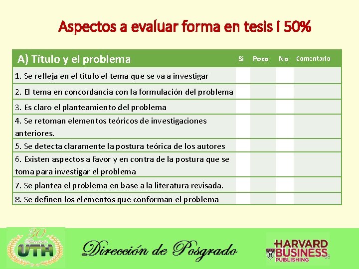 Aspectos a evaluar forma en tesis I 50% A) Título y el problema 1.