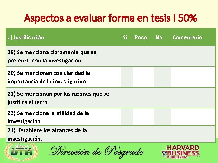 Aspectos a evaluar forma en tesis I 50% c) Justificación 19) Se menciona claramente