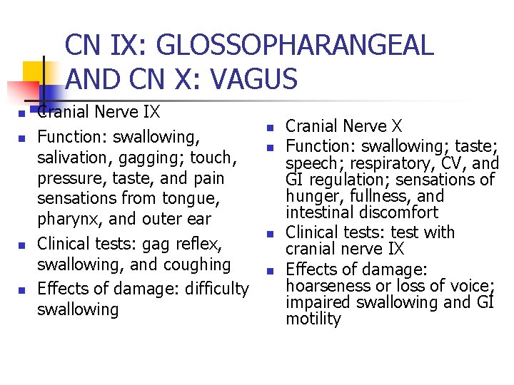 CN IX: GLOSSOPHARANGEAL AND CN X: VAGUS n n Cranial Nerve IX Function: swallowing,