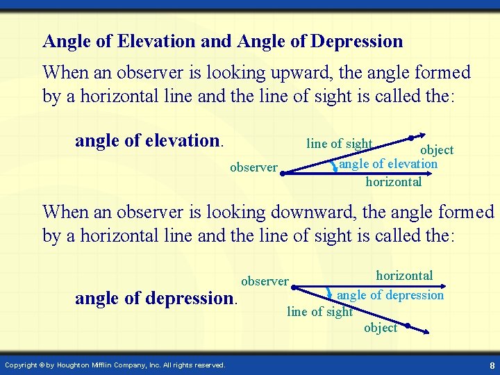 Angle of Elevation and Angle of Depression When an observer is looking upward, the