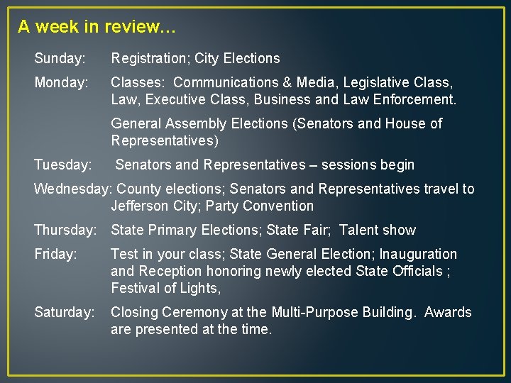 A week in review… Sunday: Registration; City Elections Monday: Classes: Communications & Media, Legislative
