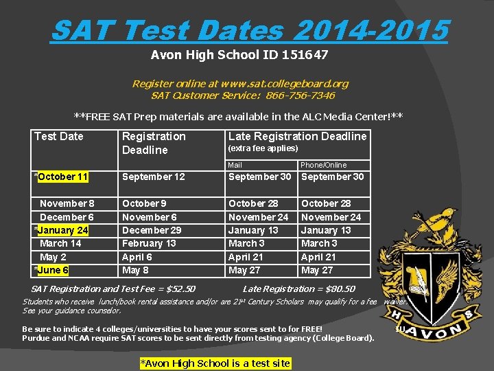 SAT Test Dates 2014 -2015 Avon High School ID 151647 Register online at www.