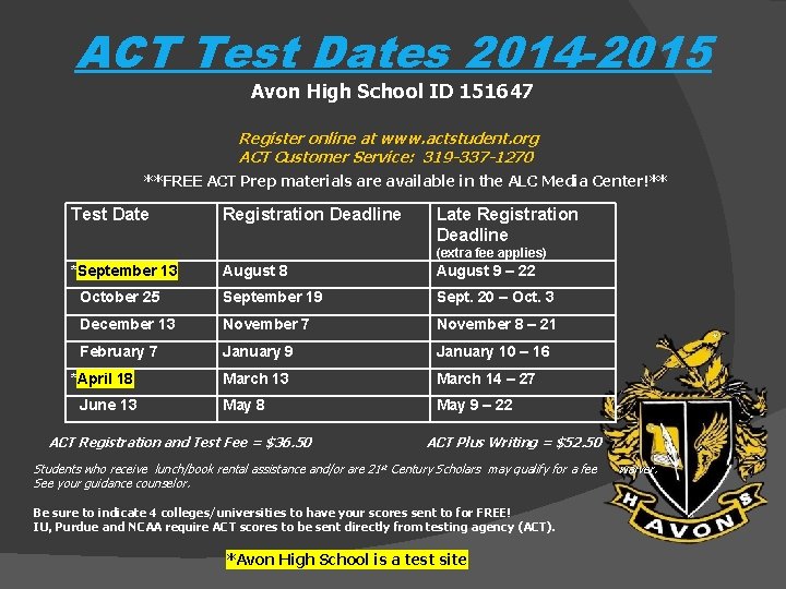 ACT Test Dates 2014 -2015 Avon High School ID 151647 Register online at www.