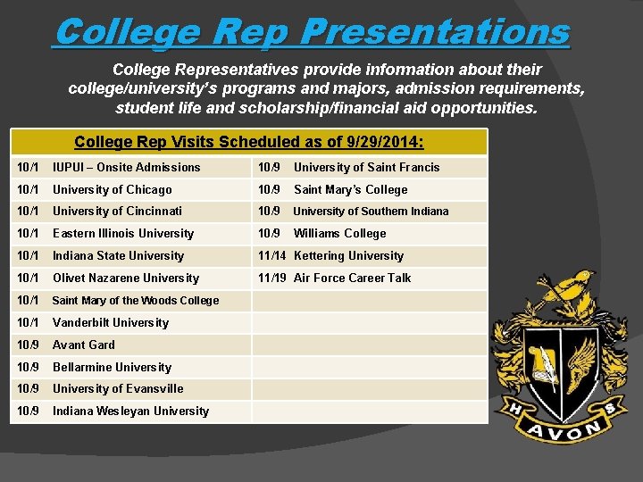 College Rep Presentations College Representatives provide information about their college/university’s programs and majors, admission