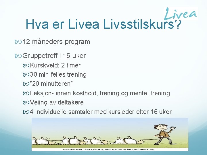 Hva er Livea Livsstilskurs? 12 måneders program Gruppetreff i 16 uker Kurskveld: 2 timer