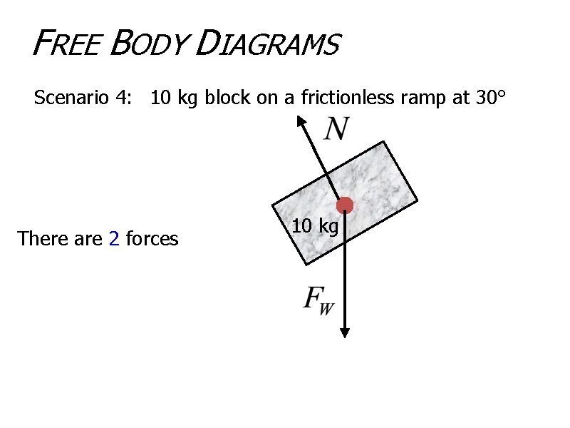 FREE BODY DIAGRAMS Scenario 4: 10 kg block on a frictionless ramp at 30°