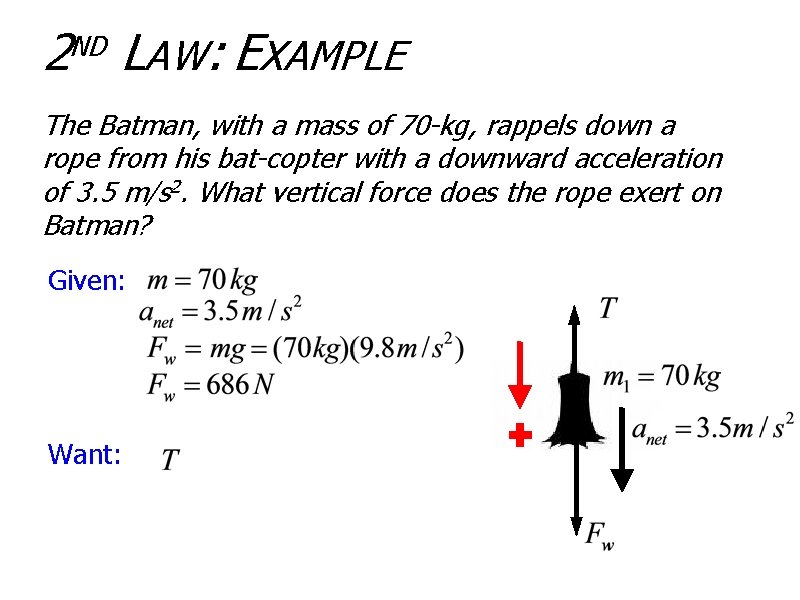 2 LAW: EXAMPLE ND The Batman, with a mass of 70 -kg, rappels down