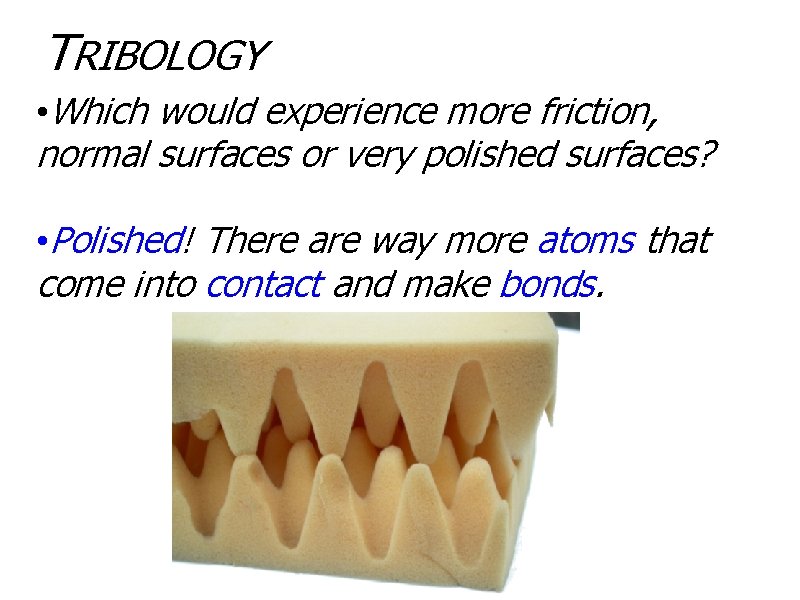 TRIBOLOGY • Which would experience more friction, normal surfaces or very polished surfaces? •