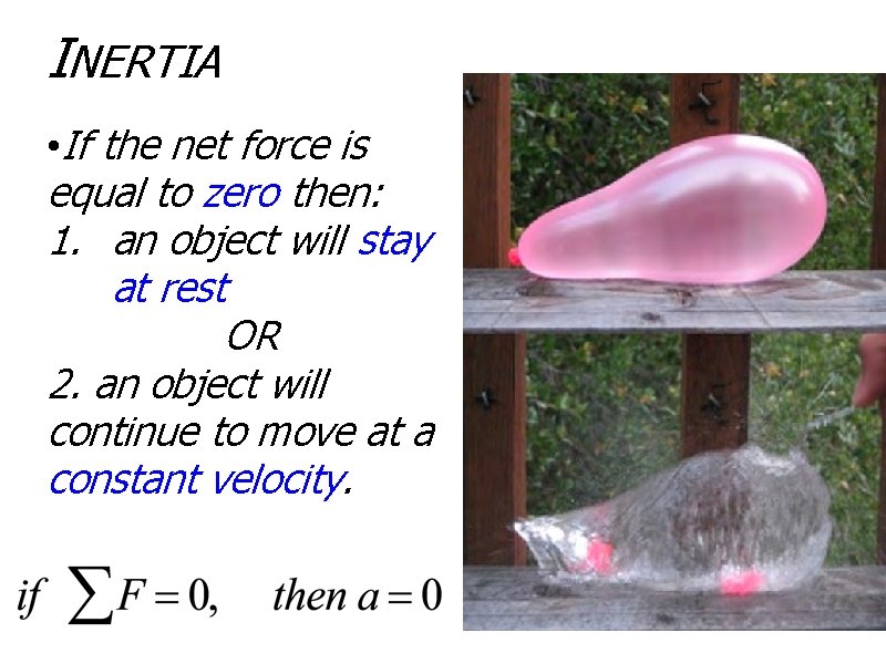 INERTIA • If the net force is equal to zero then: 1. an object