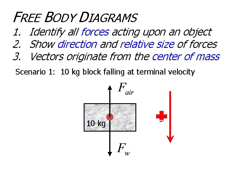 FREE BODY DIAGRAMS 1. Identify all forces acting upon an object 2. Show direction