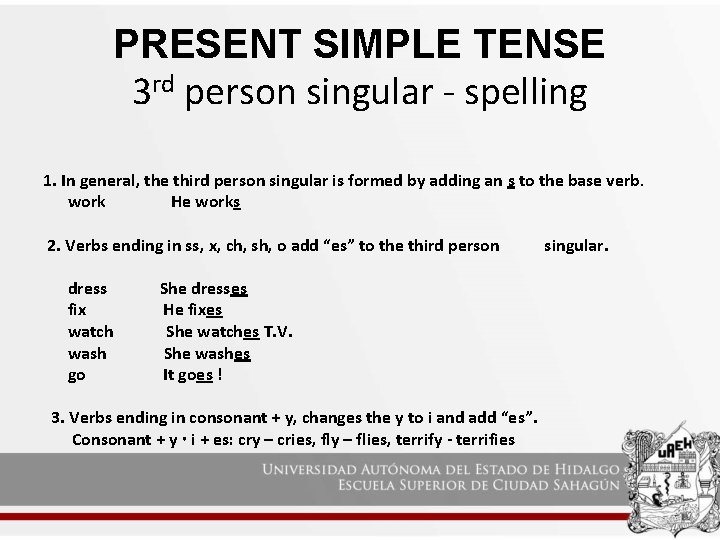 PRESENT SIMPLE TENSE 3 rd person singular - spelling 1. In general, the third