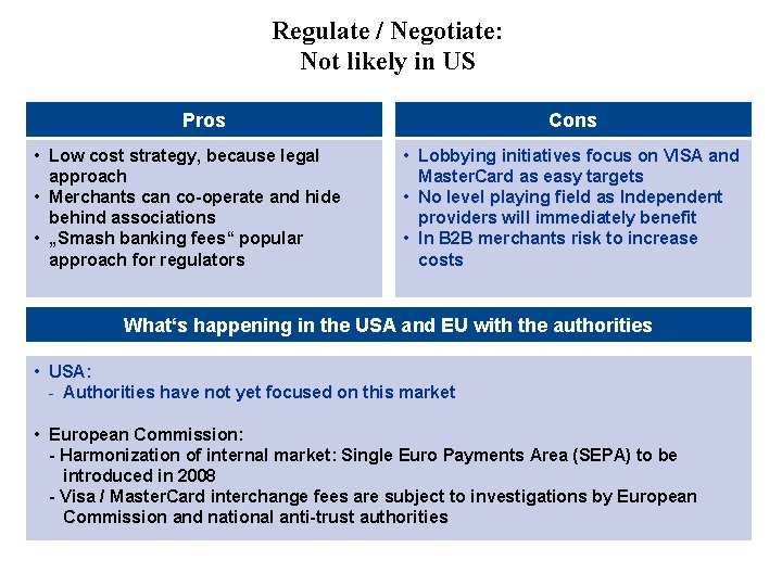 Regulate / Negotiate: Not likely in US Pros • Low cost strategy, because legal