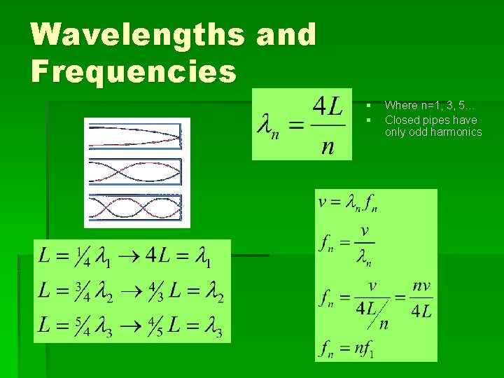 Wavelengths and Frequencies § § Where n=1, 3, 5… Closed pipes have only odd