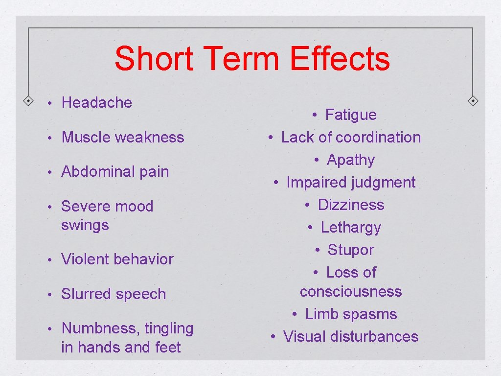 Short Term Effects • Headache • Muscle weakness • Abdominal pain • Severe mood