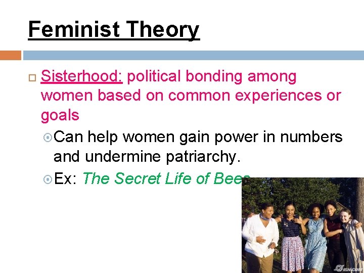 Feminist Theory Sisterhood: political bonding among women based on common experiences or goals Can