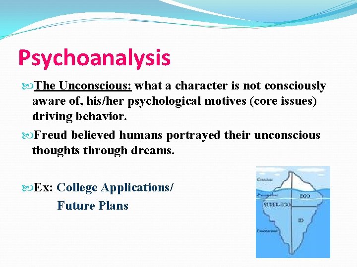 Psychoanalysis The Unconscious: what a character is not consciously aware of, his/her psychological motives