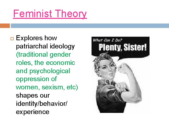 Feminist Theory Explores how patriarchal ideology (traditional gender roles, the economic and psychological oppression