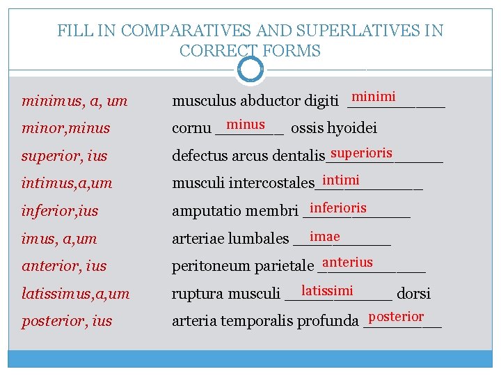 FILL IN COMPARATIVES AND SUPERLATIVES IN CORRECT FORMS minimus, a, um minimi musculus abductor