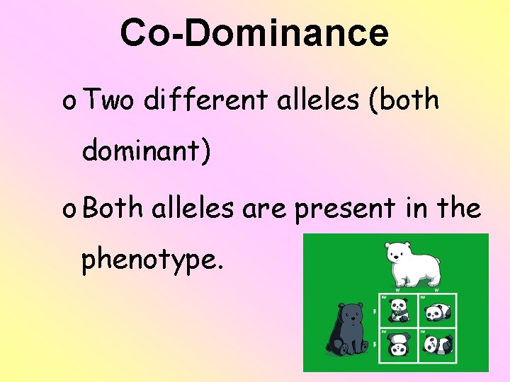 Co-Dominance o Two different alleles (both dominant) o Both alleles are present in the